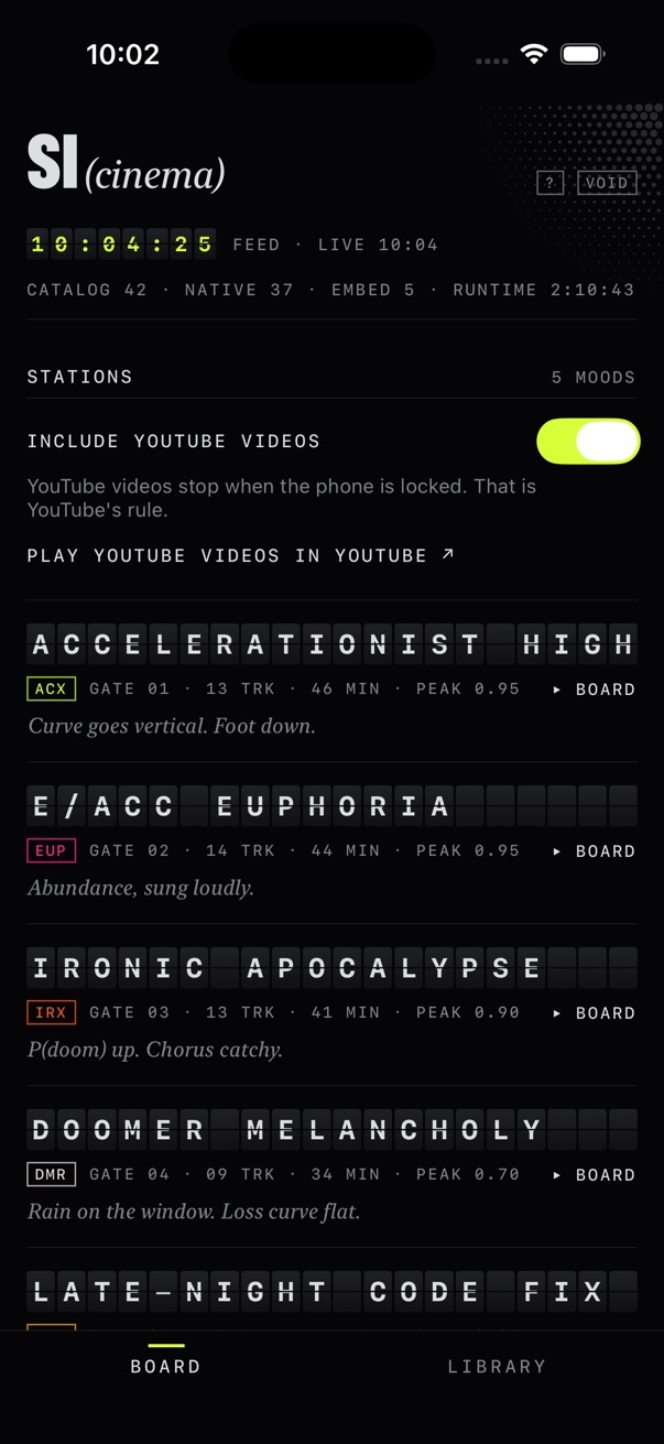 The app's first screen: the SI(cinema) logo and five stations, one for each mood.