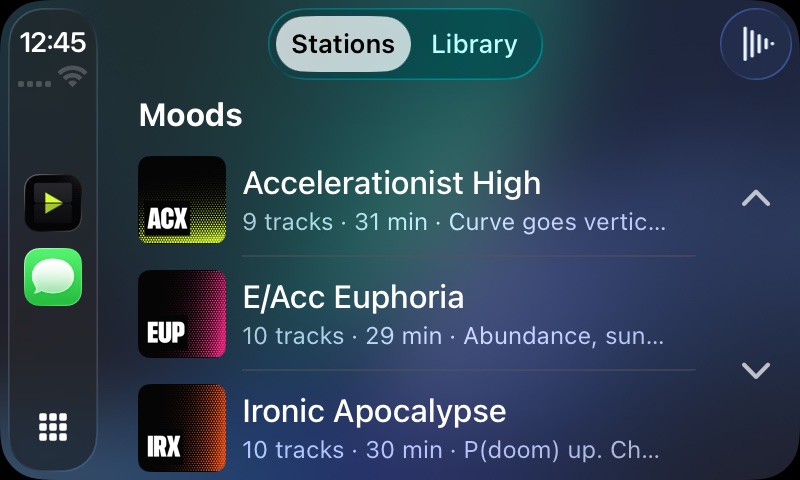The car screen: Stations and Library at the top, and a list of moods to play.