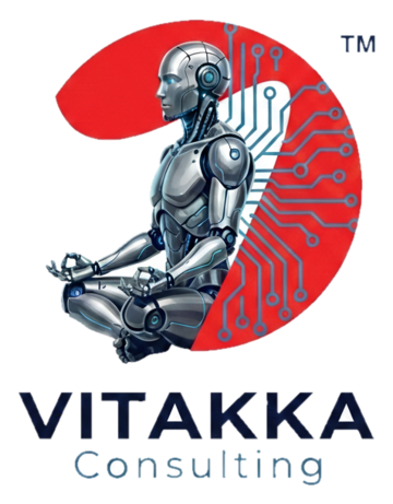 Vitakka Consulting logo: a robot sitting in meditation in front of a red circle.